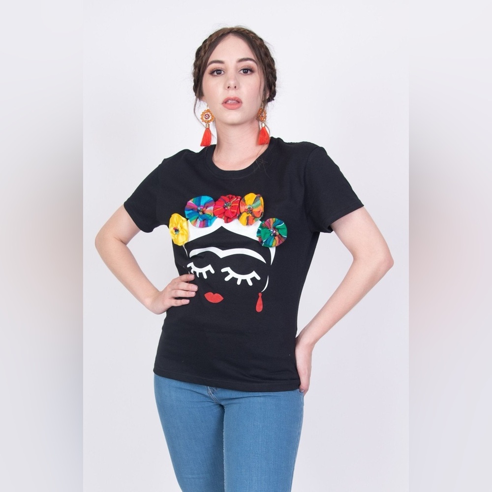 Frida Kahlo Embellished T-Shirt - Serape Roses
